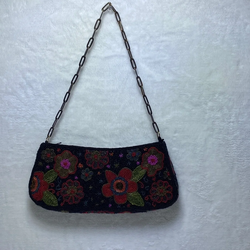 Black Beaded Evening Baguette Bag Color Purse Clutch with Chain Strap Flowers‎